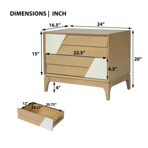 Natural & Cream White Japandi Nightstand, 2-Drawer Angled Patchwork Side Table with Tapered Legs