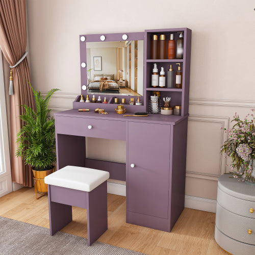 Purple Vanity Desk Set with Padded Stool & Adjustable Lighted Mirror, 8 Round Bulbs, 3 Color Modes, Modern Bedroom