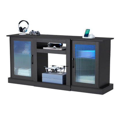 65 Inch Black Minimalist TV Stand with APP Remote LED Light Strips & Tempered Glass Doors