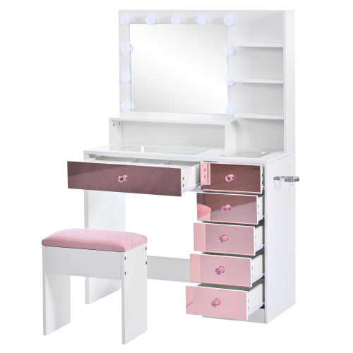 Vanity Desk with Glass Top and 11 Hollywood Bulbs, 3 Color Lighting Modes, Makeup Vanity with Pink Finish Drawers & Shelves, White Vanity Table with Stool for Bedroom