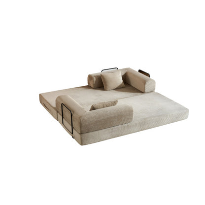 Beige Corduroy Convertible Sleeper Sofa Bed with Cylindrical Pillow