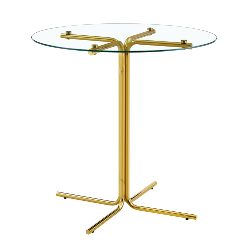 Round glass bar high table, 36 inch round bar table, tempered glass tabletop, sturdy gold chrome plated four column support, suitable for transparent round bar tables in small spaces, kitchens