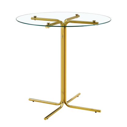 Round glass bar high table, 36 inch round bar table, tempered glass tabletop, sturdy gold chrome plated four column support, suitable for transparent round bar tables in small spaces, kitchens