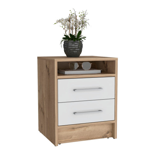 White & Light Oak 2-Drawer Nightstand with Open Shelf
