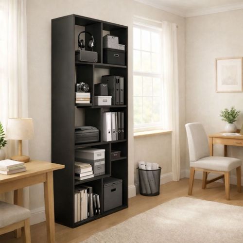 5-Tier Asymmetrical Display Shelf Modern Black Bookcase Organizer