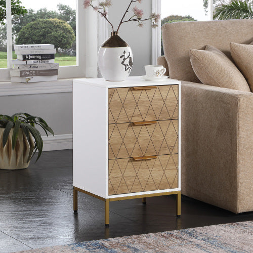 Nightstand with 3 Drawers, Mid-Century Modern End Table,Gold MetalFeet, Gold Metal Handles , Drawer Panels are Shaped by Cutting Lines,End Table for Bedroom,White and Natural