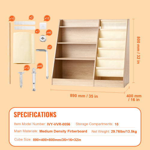 4-Tier Wooden Kids Bookshelf with Sling Book Rack for Playroom
