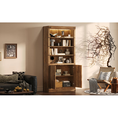 83.4 Inch Tall Walnut Farmhouse Bookshelf with LED Light & Adjustable Shelves Closed Storage Cabinet