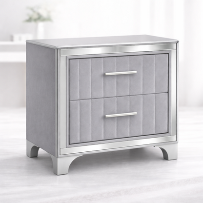 Contemporary Acrylic Nightstand with Two Drawers, Upholstered Bedside Table Featuring Silver Metal Legs, Modern End Table for Bedroom or Living Space (22.64inch  W x 15.75inch  D x 24.13inch  H)