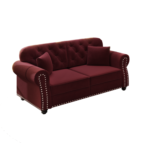 63 inch  Burgundy Mid-Century Velvet Sofa, Nailhead Trim, Rolled Arms, 2 Pillows