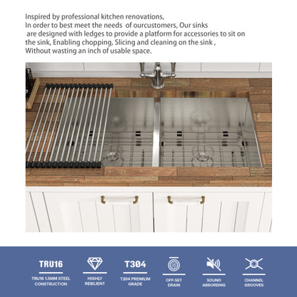 33x19x9 inch Undermount Double Bowl Kitchen Sink (50/50) in 16 Gauge Stainless Steel with 9 Inch Deep basin