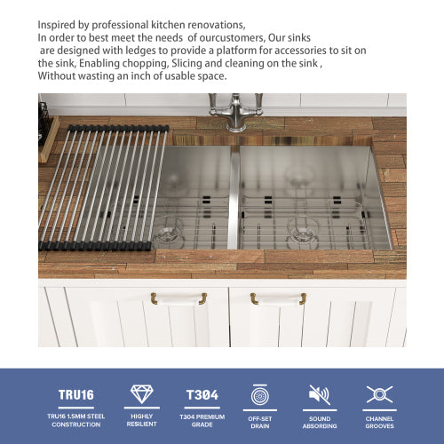 33x19x9 inch Undermount Double Bowl Kitchen Sink (50/50) in 16 Gauge Stainless Steel with 9 Inch Deep basin