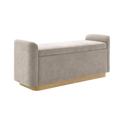 49 inch Brown Chenille Storage Ottoman Bench, Gold Metal Base Wood Frame 350 LBS Safety Hinge Entryway Bench