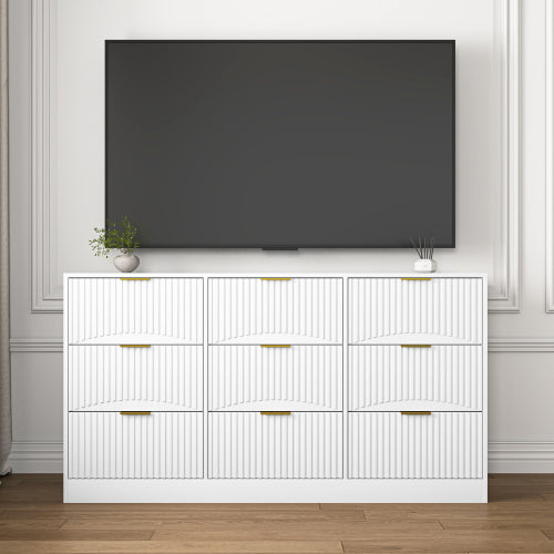 White 9 Drawer Dresser, 63" Large Deep Chest of Drawers, Wooden Dresser Storage Cabinet with 9 Drawers for Bedroom, Long Dressers for Living Room, Hallway, Drawer panel with wavy patterns