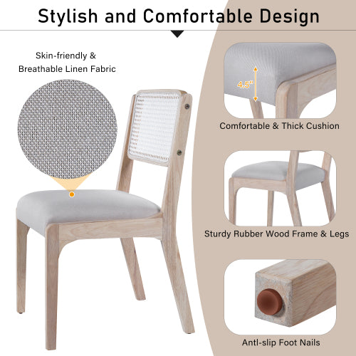 Set of 2 Beige Modern Farmhouse Linen Dining Chairs, Rattan Back Solid Rubberwood Padded Side Chairs