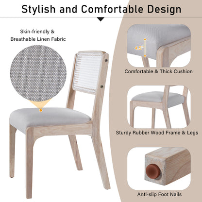 Set of 2 Beige Modern Farmhouse Linen Dining Chairs, Rattan Back Solid Rubberwood Padded Side Chairs