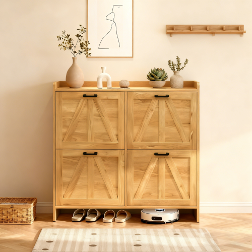 Light Oak Rustic Barn-Door Shoe Cabinet with 4 Flip Drawers, Sleek Space-Saving Entryway Organizer for Living Room