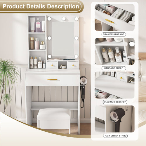 Vanity Table with Mirror & Adjustable LED Lights, Power Outlet, Hairdryer Holder & Stool ¨C Compact Dressing Desk for Small Bedrooms(White)