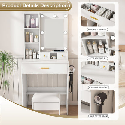 Vanity Table with Mirror & Adjustable LED Lights, Power Outlet, Hairdryer Holder & Stool ¨C Compact Dressing Desk for Small Bedrooms(White)
