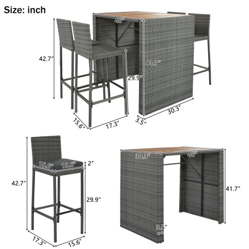 5-pieces Outdoor Patio Wicker Bar Set, Bar Height Chairs With Non-Slip Feet And Fixed Rope, Removable Cushion, Acacia Wood Table Top, Brown Wood And Gray Wicker