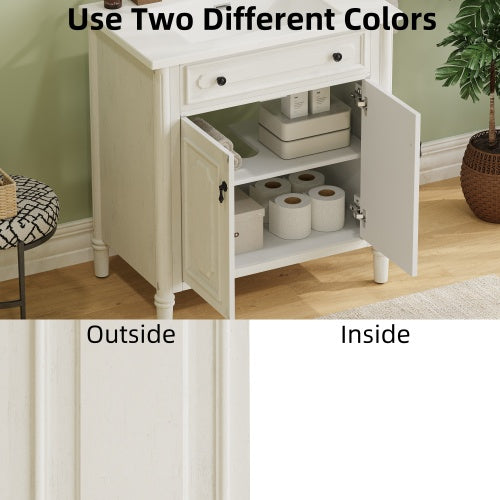 31" Vintage Bathroom Vanity with Sink, Faux Aged Finish, Rustic Bathroom Cabinet with Soft Close Doors and Adjustable Shelf, Curved Profile Design, Rubber Wood Legs, White