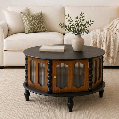 31.5inch  Black & Walnut Vintage Storage Coffee Table with Glass Doors
