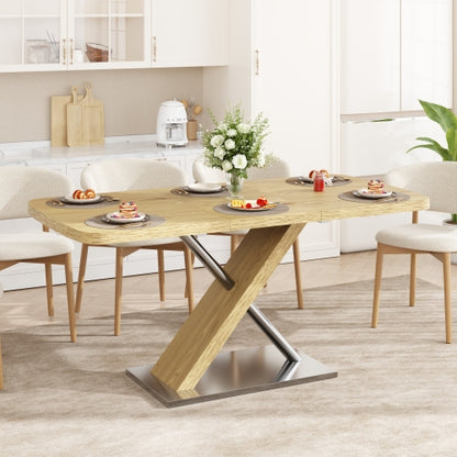 47.25inch-63inch Extendable Dining Table with Metal Base, Seats 4-6, Natural Wood