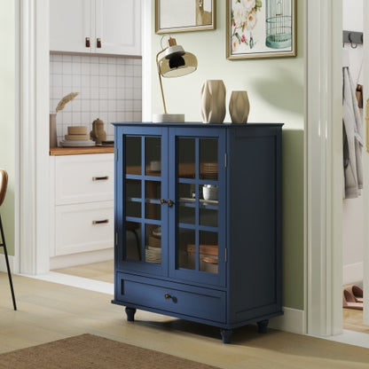 Vintage Blue Buffet Cabinet with Glass Doors Drawer and Adjustable Shelves