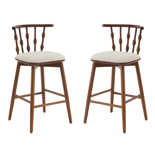 Indoor Wooden Barstool, Walnut Finish With Beige Upholstery, Set of 2