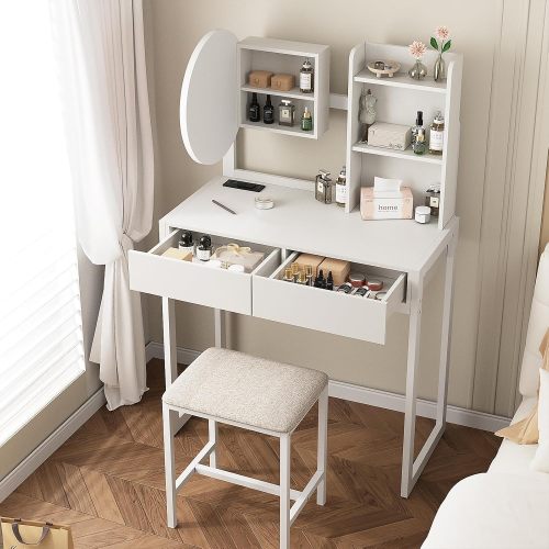 White Vanity Desk with LED Lighted Mirror, 3 Modes, USB Outlet, Drawer & Stool