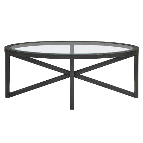 46.5 Inch Round Tempered Glass Coffee Table, Solid Wood Base Anti-Scratch Accent Table for Living Room & Terrace