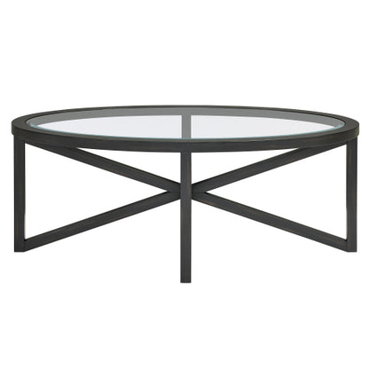 46.5 Inch Round Tempered Glass Coffee Table, Solid Wood Base Anti-Scratch Accent Table for Living Room & Terrace