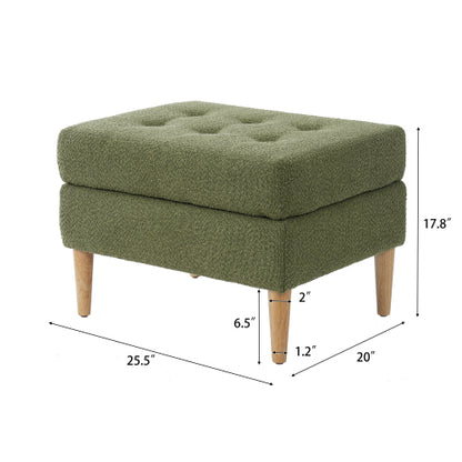 Olive Green Boucle Upholstered Ottoman, Tufted Footrest with Solid Rubber Wood Legs, 350 LBS Weight Capacity