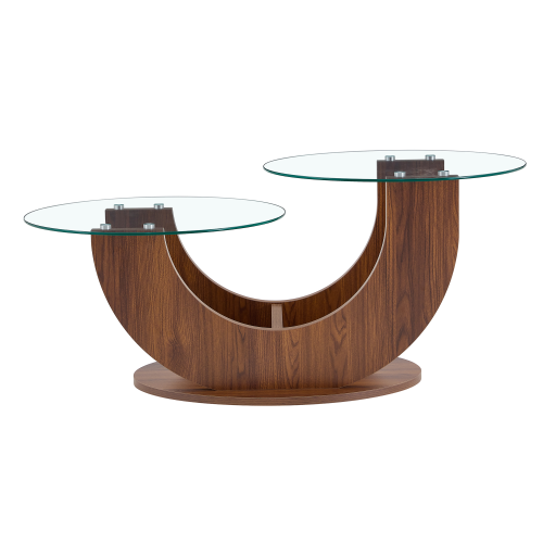 23.6inch  2-Tier U-Shaped Glass Coffee Table, Walnut MDF Base, Adjustable Height