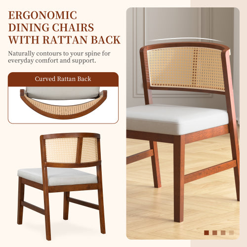 Rattan Dining Chairs Set of 2, Upholstered Kitchen Side Chairs with Curved Cane Back & Rubber Wood Frame