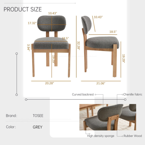 Wooden Dining Chairs Set of 2, Fabric Upholstered Farmhouse Chairs with Thick Cushion and Chenille Seat