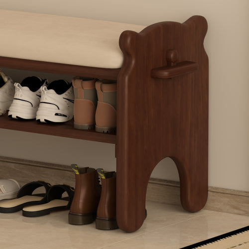 Solid Wood Shoe Bench, 2-Tier Wooden Entryway Bench, Modern Shoe Rack with Faux Leather Cushion for Hallway, Living Room (Walnut, 31.5'')