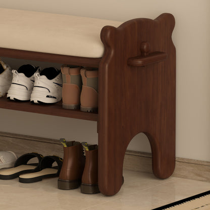 Solid Wood Shoe Bench, 2-Tier Wooden Entryway Bench, Modern Shoe Rack with Faux Leather Cushion for Hallway, Living Room (Walnut, 31.5'')