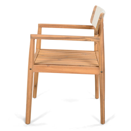 CREATIVE BRAIDED ACACIA WOOD OUTDOOR DINING TABLE AND CHAIRS WITH ARMRESTS, SUITABLE FOR OUTDOOR DINING AND LEISURE PLACES, TEAK LOOK & WHITE ROPE,SET OF 2