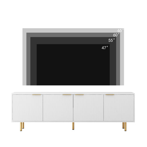 White Fluted 68 inch TV Stand with Storage Cabinets and Gold Legs