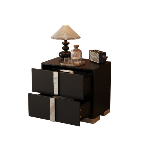 Elegant Nightstand with Metal Foot, Mirrored Bedside Table with 2 Drawers for Bedroom, Living Room, Black