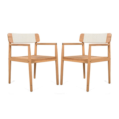 CREATIVE BRAIDED ACACIA WOOD OUTDOOR DINING TABLE AND CHAIRS WITH ARMRESTS, SUITABLE FOR OUTDOOR DINING AND LEISURE PLACES, TEAK LOOK & WHITE ROPE,SET OF 2
