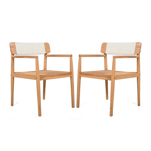 CREATIVE BRAIDED ACACIA WOOD OUTDOOR DINING TABLE AND CHAIRS WITH ARMRESTS, SUITABLE FOR OUTDOOR DINING AND LEISURE PLACES, TEAK LOOK & WHITE ROPE,SET OF 2