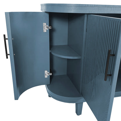 Blue Curved Sideboard 47 Inch Wood Console Cabinet 4 Doors Adjustable Shelves Ash Veneer