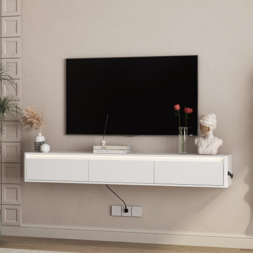 White Floating Wall Mount TV Cabinet with Touch LED Light Strip & Power Charging Ports for Living Room