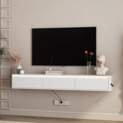 White Floating Wall Mount TV Cabinet with Touch LED Light Strip & Power Charging Ports for Living Room