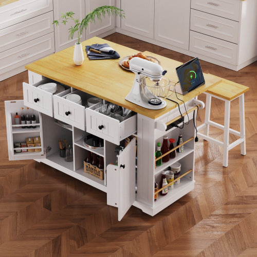 53inch Large Kitchen Island with 2 Bar Stools, Power Outlet,Door Internal Storage Rack, Kitchen Storage Cart on 5 Wheels with Drop Leaf, 5 Open Side Racks, 3 Drawers,White(Three Packages)