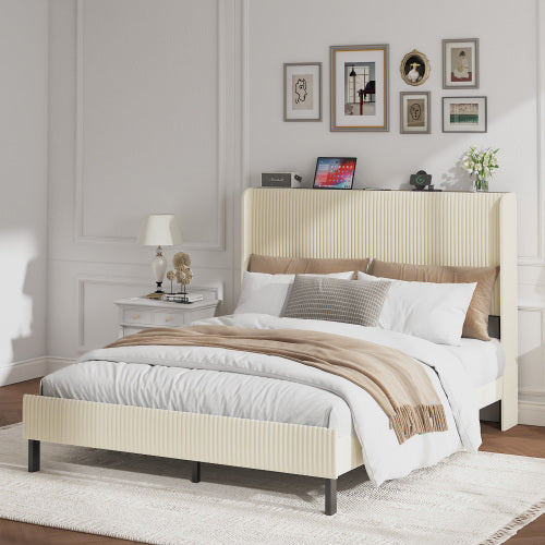 Queen Size Platform Bed , Metal Bed Frame with Charging Station, No Box Spring Needed, (Beige), Noise Free,Easy Assemble.