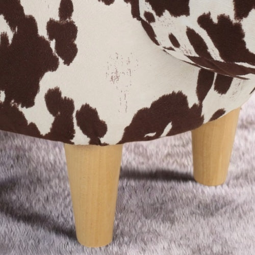 Brown & White Cow Shaped Animal Ottoman, Fabric Accent Footstool with Velvet Horns and Birch Wood Legs for Home Decor