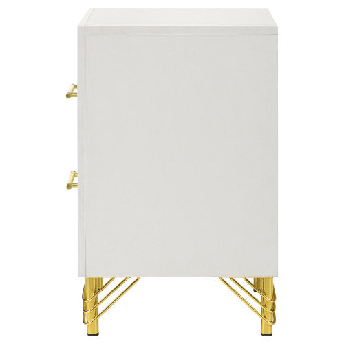 White 2-Drawer Nightstand with Gold Trim, MDF & Melamine